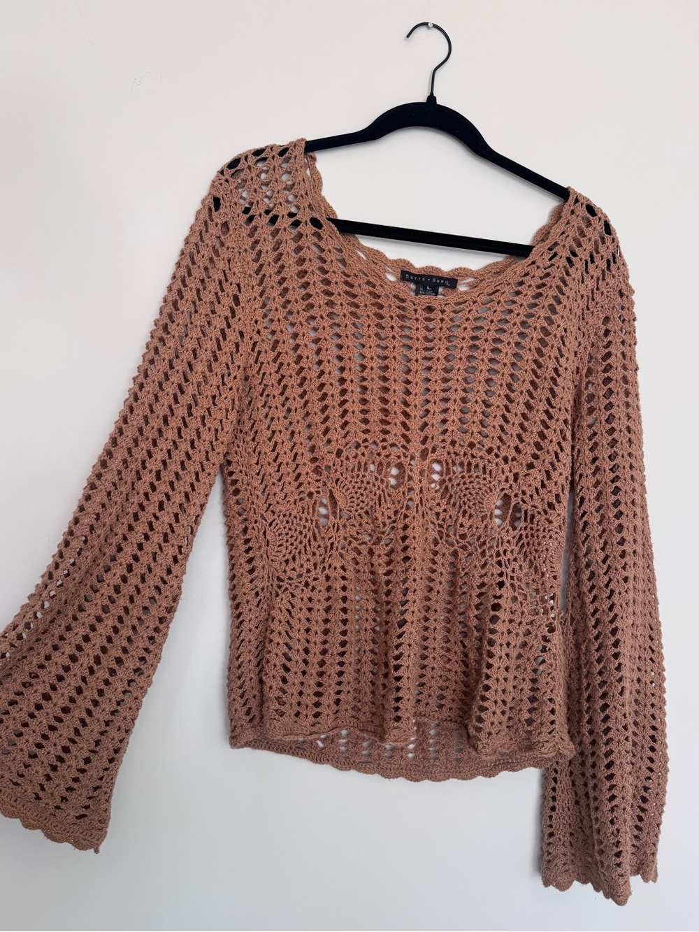 Women's Crochet Open-Knit Long Sleeve Sweater - Brown
